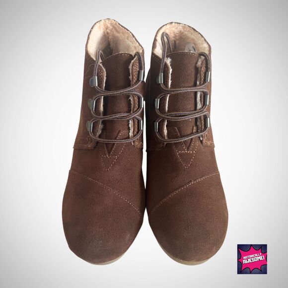 TOMS Quilted Brown Suede Wedge Booties Inner Shearling - Sz.8 - Never Worn - Picture 3 of 4